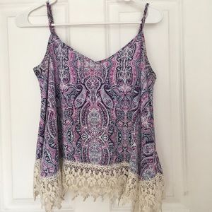 Purple floral shirt with white lace